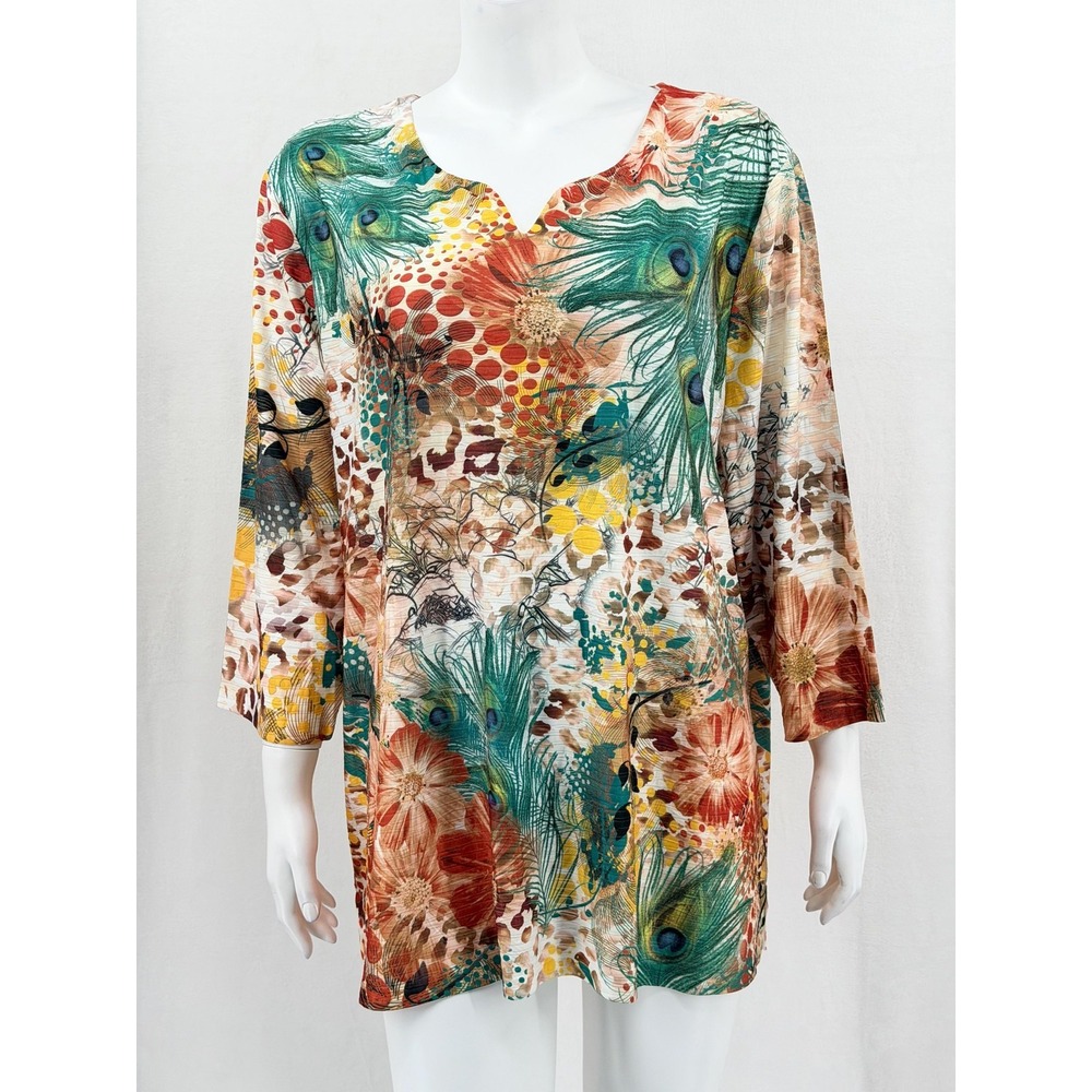 G Collection Top Womens 3X Tan‎ Green Floral Peacock Cheetah Print Tropical Boho